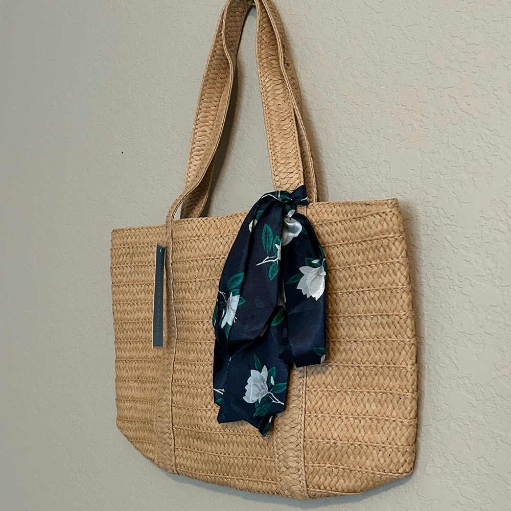 NWT Draper James Straw Woven Tote Bag with Floral Scarf